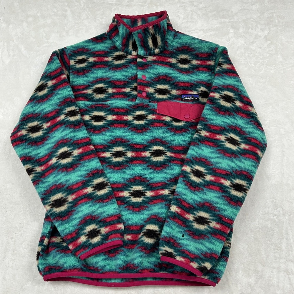 Patagonia Synchilla Snap-T Pullover Womens XS Teal Pink Aztec Geometric Fleece
